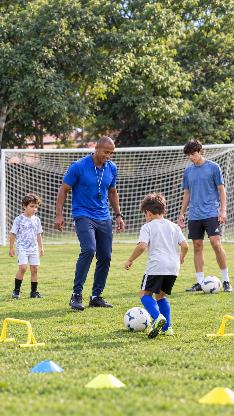 Coach Pulido giving instructions to young players during a training session